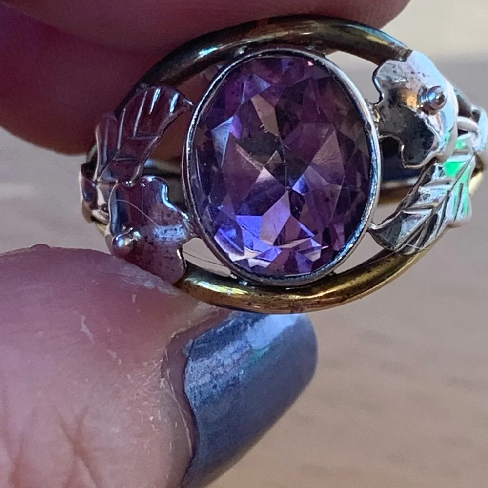 VINTAGE AMETHYST RING 925 STERLING SILVER TRI COLOR